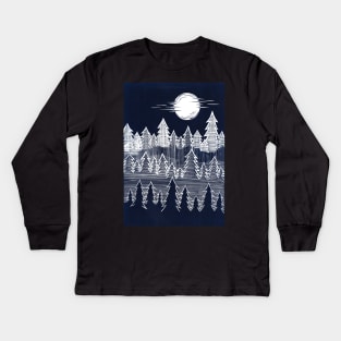 Misty, Moonlit Trees Linocut in Blue and White Kids Long Sleeve T-Shirt